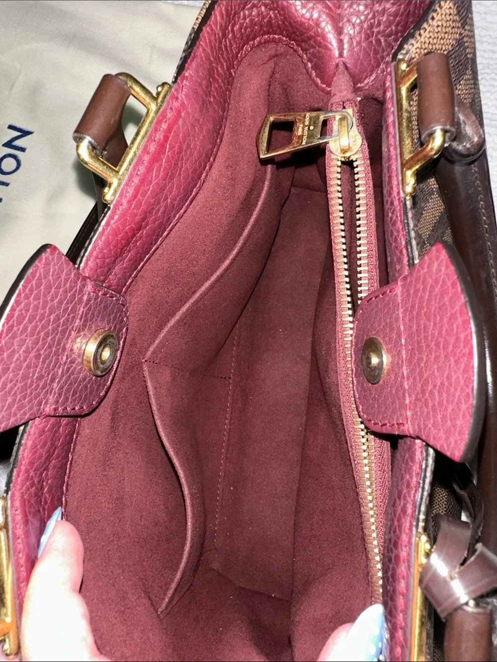 Louis Vuitton Damier Ebene Satchel with Dark Brown and Burgundy Trim